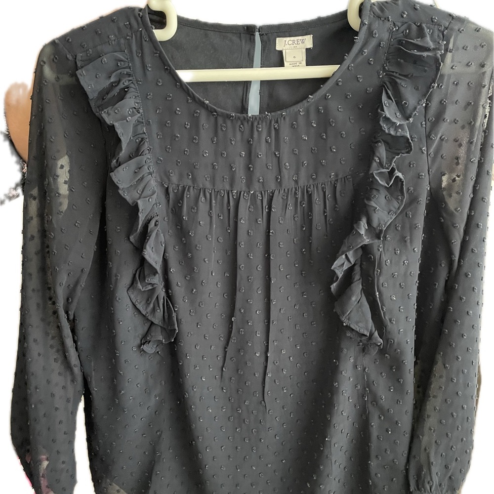 J. Crew Navy Ruffle Detail Women's Blouse made with dotted Swiss fabric